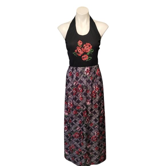 Vintage 1970s Halter Dress Floral Lattice Skirt Size 9/10 Modern S/M DE SAIX - Picture 1 of 8